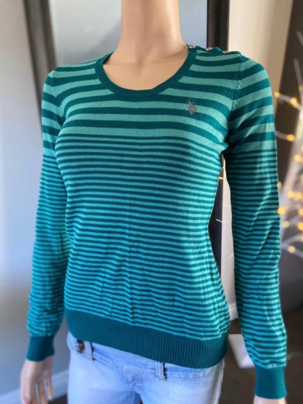 EUC: US Polo Assn. Teal Striped Long-Sleeved Crew Neck Sweater Size XS